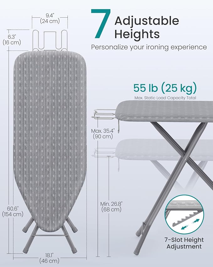 SONGMICS Full Size Ironing Board, Steel Frame with Cover and Sponge Pad, Foldable Standard Ironing Board with Iron Rest, 49.2 x 18.1 x 35.4 inches, Gray, Borix Collection ULLB100G101S