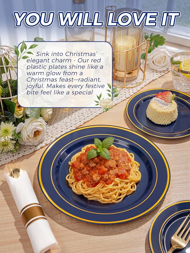 WDF Partyware 175PCS Blue and Gold Plastic Plates - Navy Blue Plates with Pre Rolled Napkins for Party - 25Guest Disposable Dinnerware Sets for Party/Birthday/Wedding