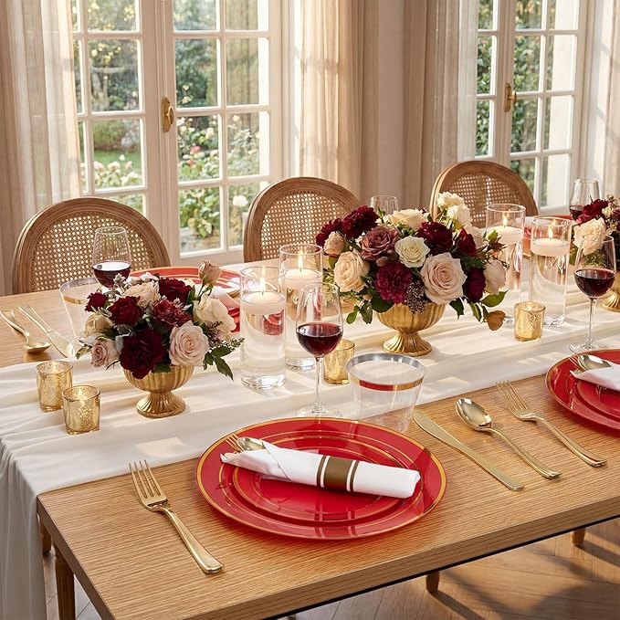 WDF Partyware 175 Pieces Red Plastic Plates with Gold Rim Include Dinner Plate 10" Dessert Plate 7" gold Cups 9 OZ, Pre Rolled Napkins 25 of each type for Wedding/Party/Birthday