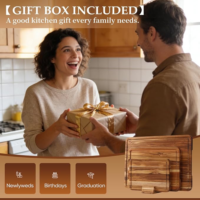 3 Pack Teak Cutting Board Set for Kitchen Wood Charcuterie Board with Juice Groove Wooden Cutting Boards Non Toxic Heavy Duty Slip Over Sink Solid Thick Chopping Board FSC