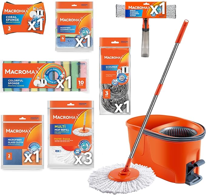 Home Cleaning Kit with Force Spin Mop Microfiber Cloths Sponges Scourers Window Cleaner Supplies Set