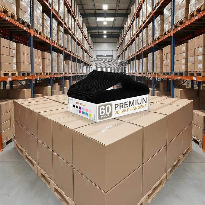 HOUSE DAY Black Velvet Hangers 5280 Pack (88 Cases, 60P/Case) Pallet Package for Small Business, Non Slip Clothes Felt Hanger Heavy Duty for Coat, Premium Slim Space Saving Suit Hangers