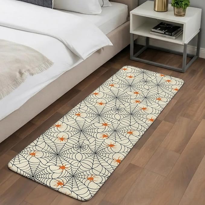 Halloween Bathroom Runner Rugs Non Slip Washable Absorbent Narrow Long Bath Mat Orange Black Net Classic Spiders Gingham Runner Rugs for Kitchen Hallway Bedroom Laundry Study Room 19.7"x63"