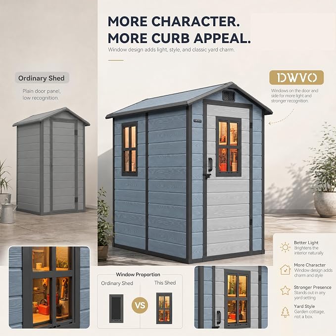 DWVO Outdoor Storage Shed 4.4×6FT, Plastic Garden Resin Shed with 2 Windows, Reinforced Floor, Door Handle, Door Lock & Vents, Outdoor Tool Shed for Backyard Patio, Stores Bike Garden Tools, Blue-Gray