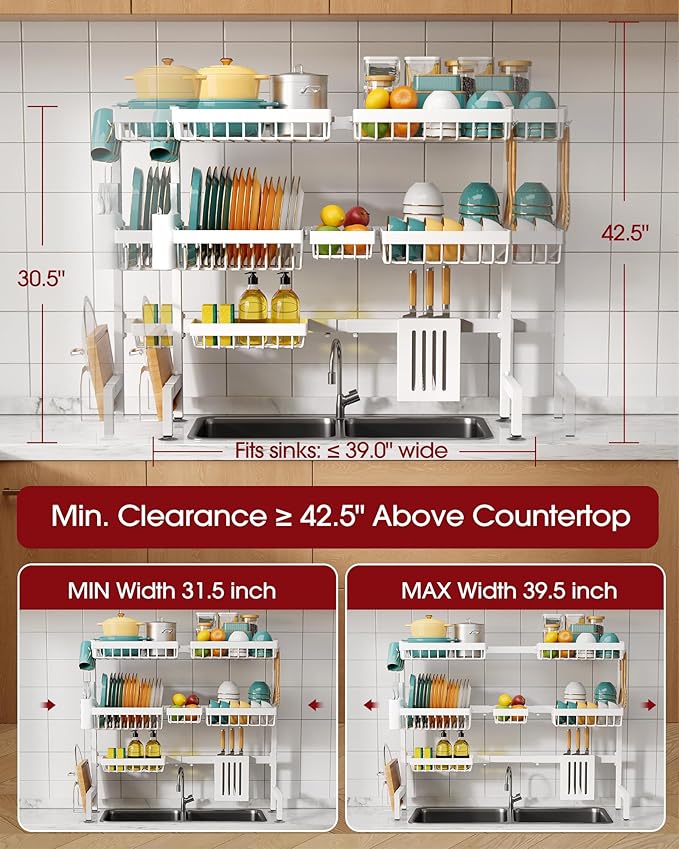 Sakugi Over The Sink Dish Drying Rack - Adjustable 3 Tier XX-Large Capacity Stainless Steel Drainer with Cutlery & Utensil Holders, Kitchen Storage & Organization, 31.5"-39.5"L x 12"W x 30.5"H, White