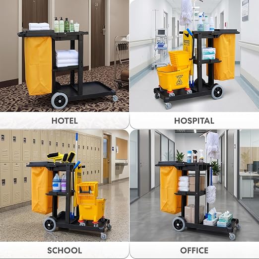 Simpli-Magic Commercial Cleaning Cart with Waste Bag & Lid, Janitorial Utility Cart with 3 Shelves, Mop & Broom Holders, 330 lb Capacity, Yellow/Grey