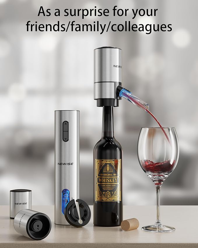 Newise Rechargeable Electric Wine Gift Set: Wine Opener, Aerator, Vacuum Stoppers & Foil Cutter - Wine Lovers Gifts for Women Men - Christmas & White Elephant Gifts