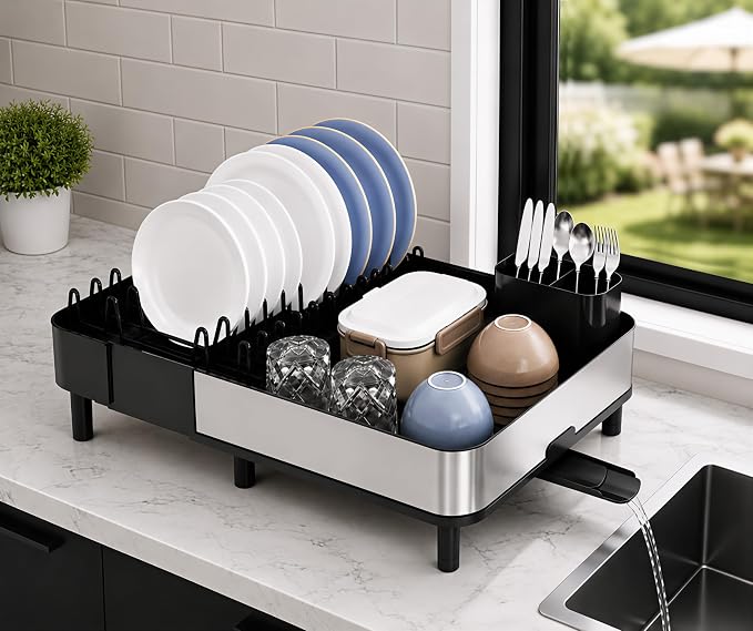 Urackify Stainless Steel Dish Drying Rack for Kitchen Counter,Black | Expandable 16.1" to 20.5", Large Capacity, Rustproof, Non-slip Feet, Adjustable Drain Pipe, Easy Assembly & Clean