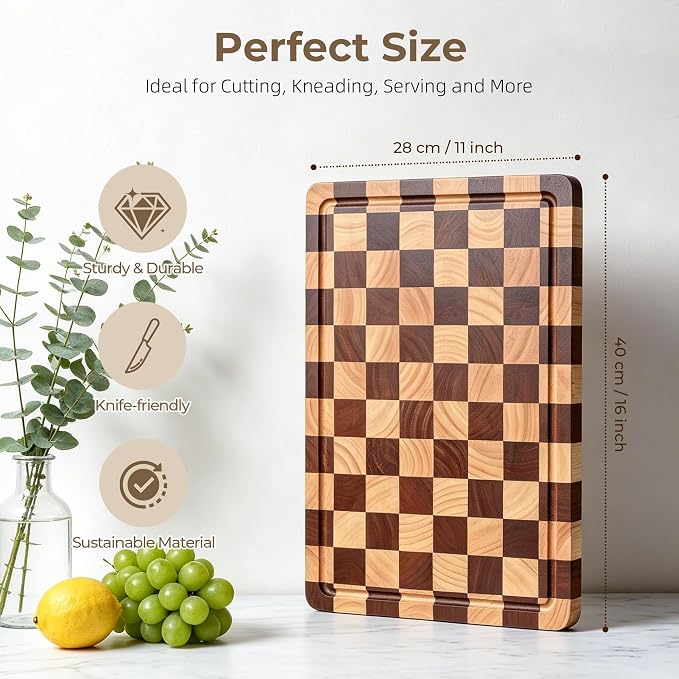 Checkered Cutting Board for Kitchen -Wood Checkerboard Cutting Board | Wooden Checker Chopping Board End Grain Cooking Board with Juice Groove & Handle for Meat, Fruit, Bread, Vegetable