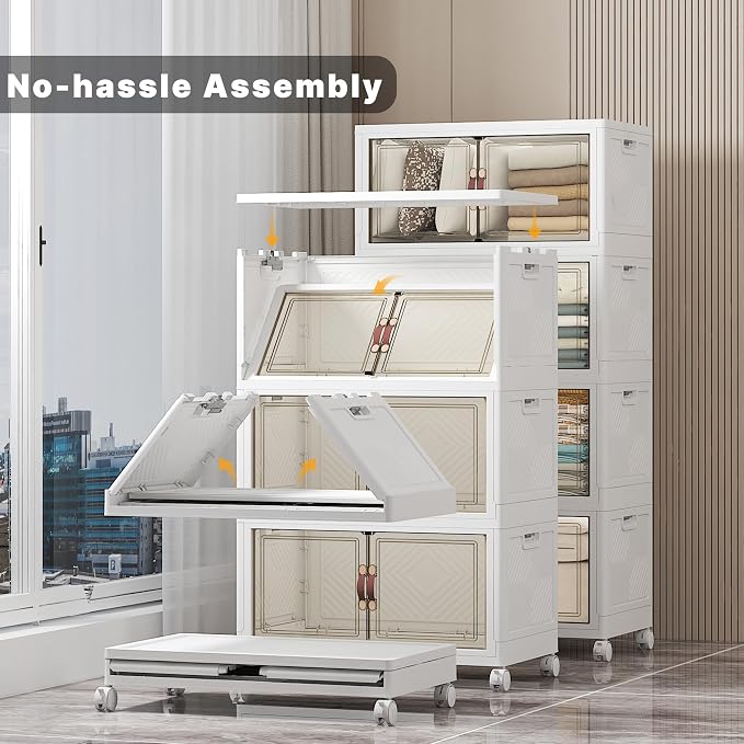 Stackable Storage Bins, 448QT Collapsible Drawers with Lid & Wheels | Large Capacity, Magnetic Door, Stack Lock, Rolling Casters, Foldable Design, Organizers and Storage for Bedroom Dorm Garage