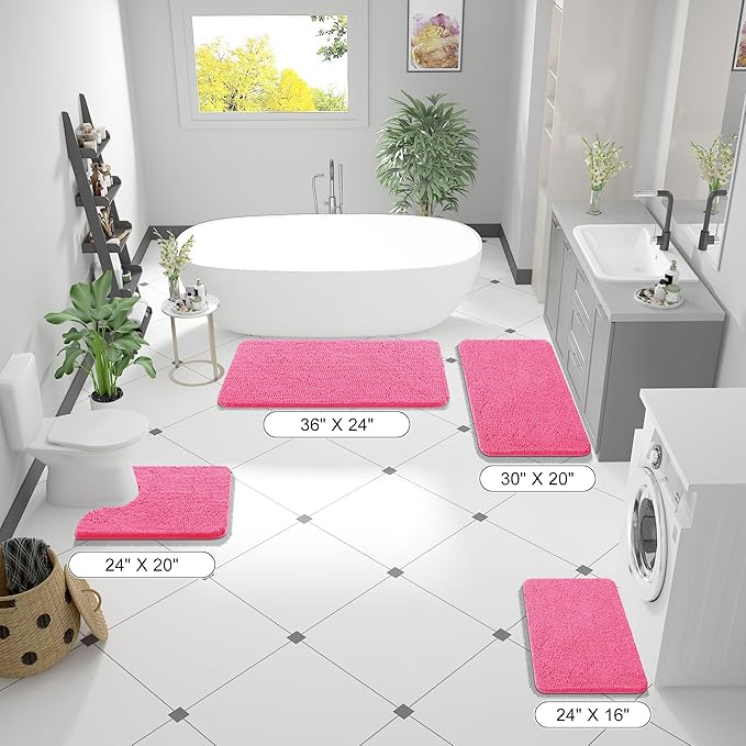OLANLY Large Bathroom Rugs 40x32, Extra Soft Absorbent Chenille Bath Rugs, Rubber Backing Quick Dry, Machine Washable Bath Mats for Bathroom Floor, Tub and Shower, Home Decor Accessories, Hot Pink