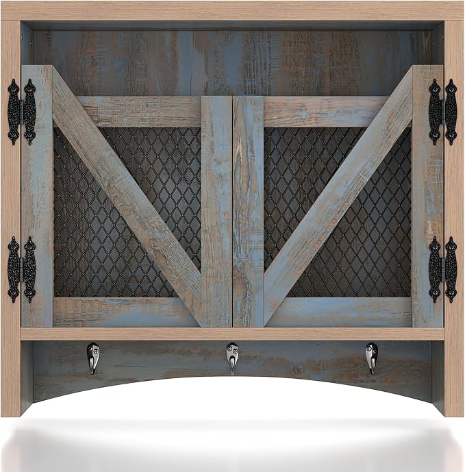 UNA Farmhouse 2 Shelves Wood Wall Cabinet with Net Doors for Bathroom, Kitchen, Living Room, Bedroom, Home Office, Laundry Room, Distressed Blue