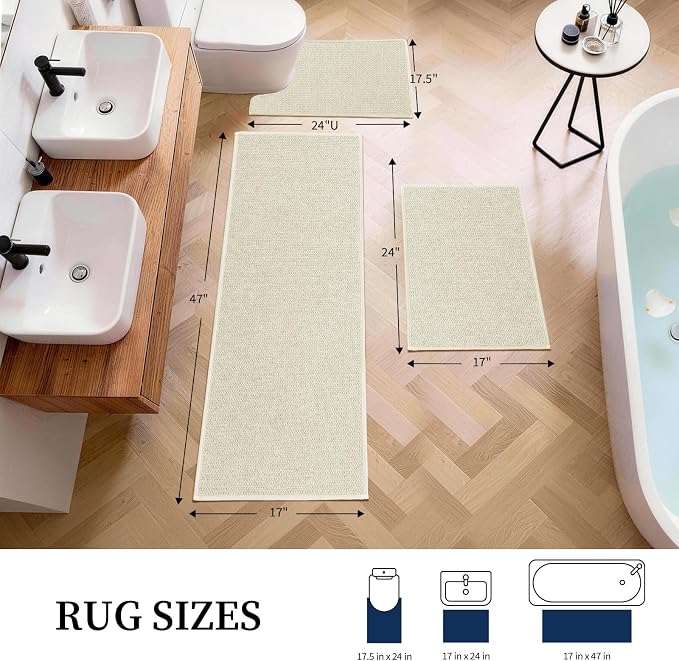YIHOUSE Beige Bathroom Rugs Sets 3 Piece, Quick Dry Non Slip Thin Bath Mat with Toilet Rug, Absorbent Machine Washable Bath Runner Rugs for Bathtub Sink Home Decor