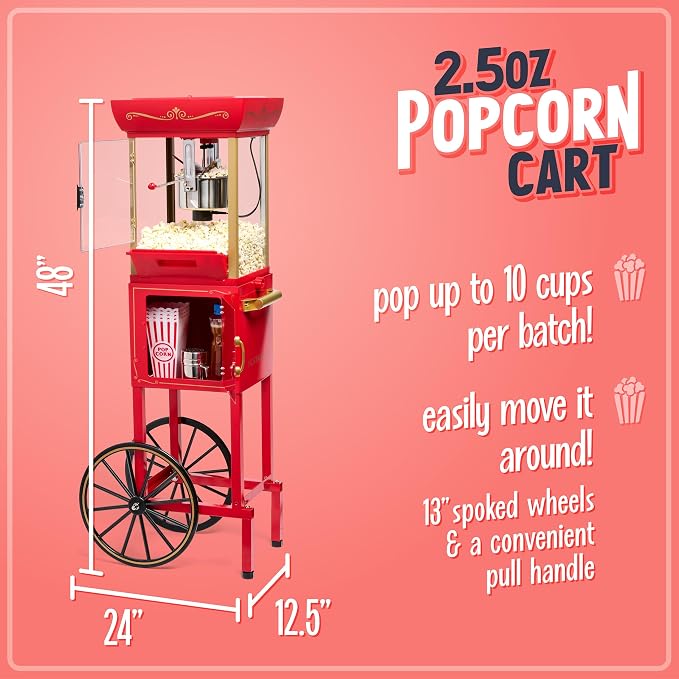 Nostalgia Popcorn Maker Machine - Vintage Theater Style Popcorn Cart With 2.5oz Stainless Steel Kettle, Makes Up To 10 Cups Easily - Bring Home the Fun with Theater Style Popcorn Machine- Red
