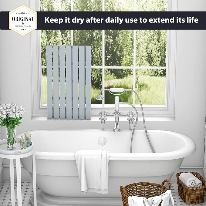 Bamboo Wooden Bath Floor Mat for Luxury Shower - Non-Slip Bathroom Waterproof Carpet for Indoor or Outdoor Use (Bluish Grey,31.3 x 18.1 x 1.5 Inches)