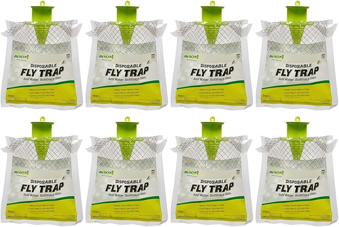RESCUE! Outdoor Disposable Fly Trap – Hanging Fly Catcher with Attractant Bait, Fly Bag for Patio, Yard, Trash & Farm Areas – Easy-to-Use Outdoor Fly Control - 8 Traps