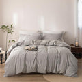 Stripe Duvet Cover Queen Size 90inch x 90inch, 100% Washed Cotton Linen Feel Pinstripe Duvet Cover with Zipper Closure and 2 Pillowcases, Color of Grey and White Stripe
