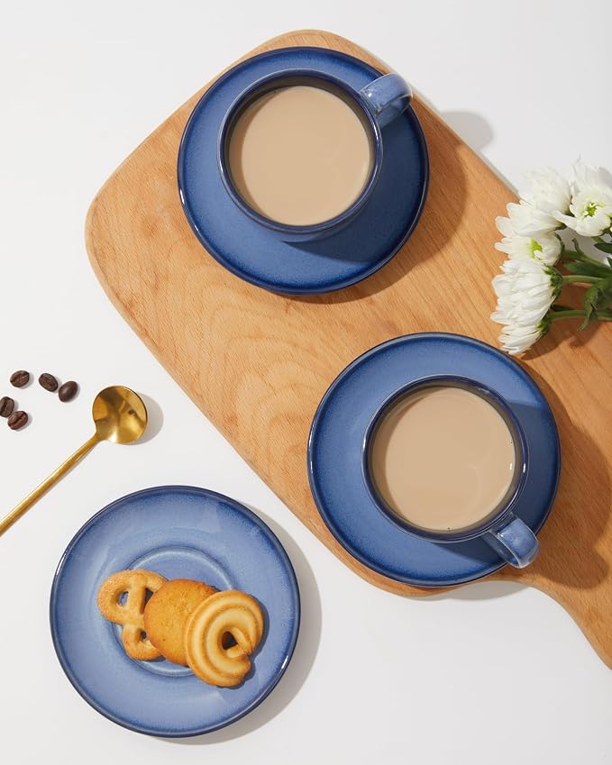 Pokini Stoneware Coffee Cups with Saucers, 6 Oz Cappuccino Cups Set of 4, Microwave & Dishwasher Safe, Perfect For Tea, Espresso, Latte, Ceramic Mugs for Kitchen or Cafe, Light Blue