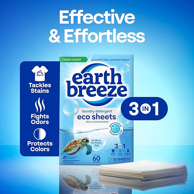 Earth Breeze Laundry Detergent Sheets Fresh Scent - 60 Loads per package. Eco Liquidless Soap - Travel-Friendly for Hot & Cold Cycles, Tackles Tough Stains & Odors - Gentle on Skin, 30 sheets (3 Pack)