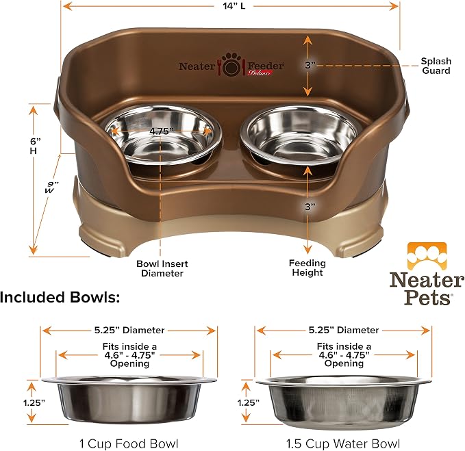 Neater Pet Brands Neater Feeder Deluxe Mess Proof Cat Bowls Elevated, Made in USA, No Spill Raised Bowls for Indoor Cats, Stainless Steel Food and Water Bowl Set, Pet Dish Feeding Station, Bronze