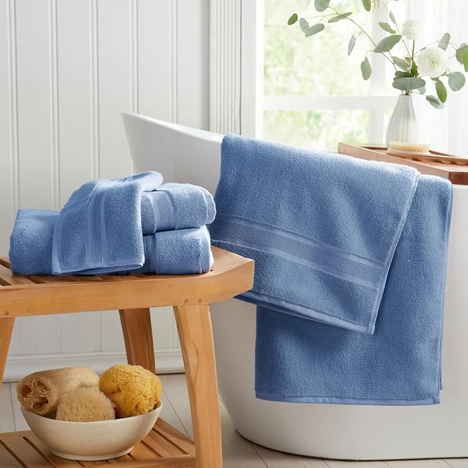 Springtree Home Luxury Bamboo Rayon Hand Towel Set | 6-Pack | Med Blue | 35% Bamboo Rayon - 65% Zero Twist Cotton | Absorbent Quick-Dry Towels for Bathroom | Ultra Soft | OEKO-TEX Standard 100