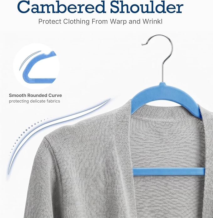 HOUSE DAY Tranquil Blue Velvet Hangers 60 Pack, Non Slip Clothes Felt Hanger Heavy Duty for Coat, Premium Slim Space Saving Suit Hangers for Closet Organizer, 360° Rotating Silver Hook