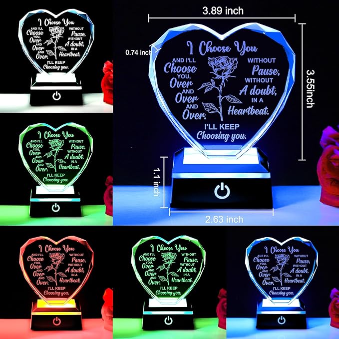 ZHSHWAT Crystal Multi Colour Night Light Gift for Her, Romantic Crystal Rose Ornament for Wife from Husband for Anniversary, Birthday Gift Ideas