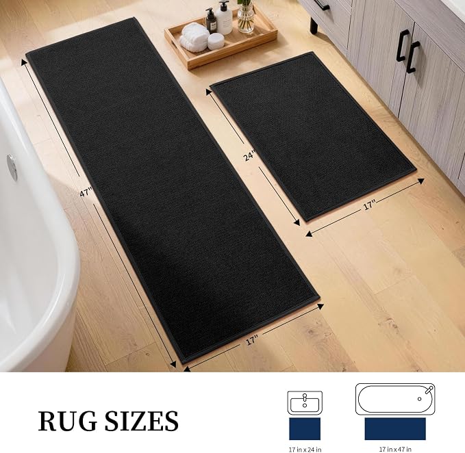 YIHOUSE Black Bathroom Rugs Sets 2 Piece, Quick Dry Thin Bath Mat, Non Slip Absorbent Machine Washable, Bath Runner Rug for Bathtub Sink Home Decor (17"x24" + 17"x47")