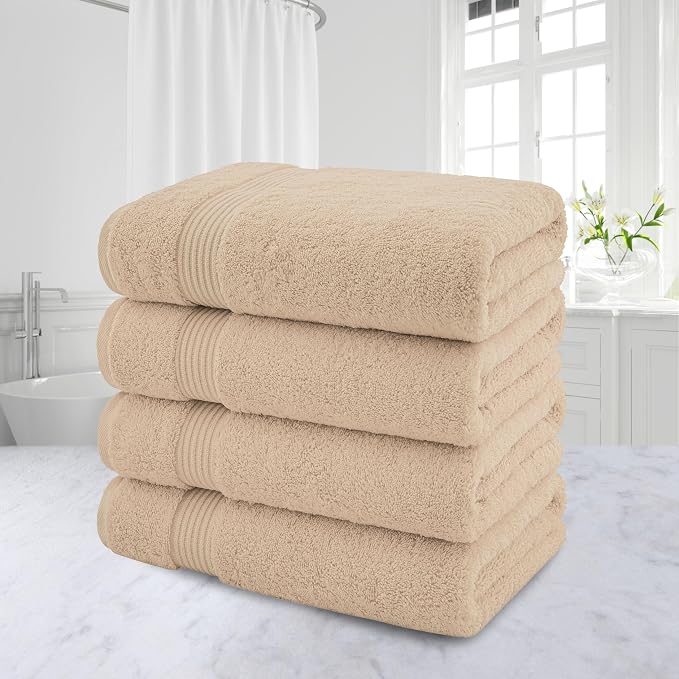 American Veteran Towel, 100% Cotton Turkish Bath Towels for Bathroom 4 Pack, 27x54 Extra Large Premium Soft Drying Bathroom Towels, Beige