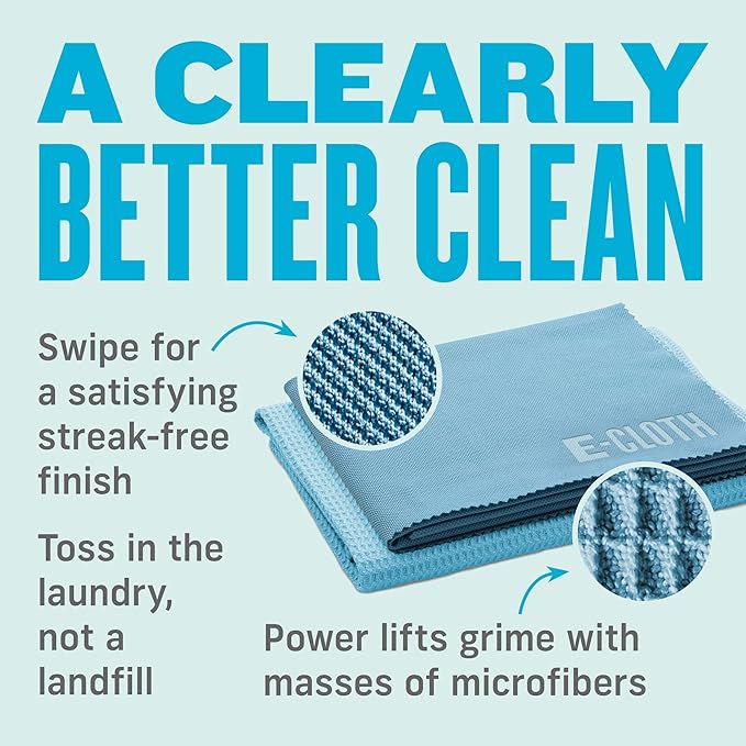 E-Cloth Window Cleaning Cloth Kit - Reusable Durable Towels, Washable & Long Lasting, Glass Cloth for Windows, Mirrors, Cars, Lenses & Screens, Streak Free Shine, Microfiber - Alaskan Blue