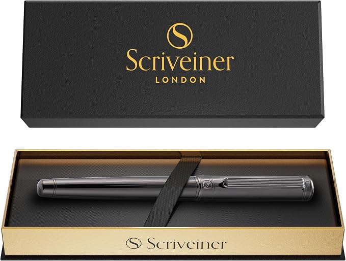 Scriveiner Gun-Metal Rollerball Pen - Stunning Luxury Pen, Schmidt Ink Refill, Best Roller Ball Gift Set for Men & Women, Professional, Executive Office, Nice Pens