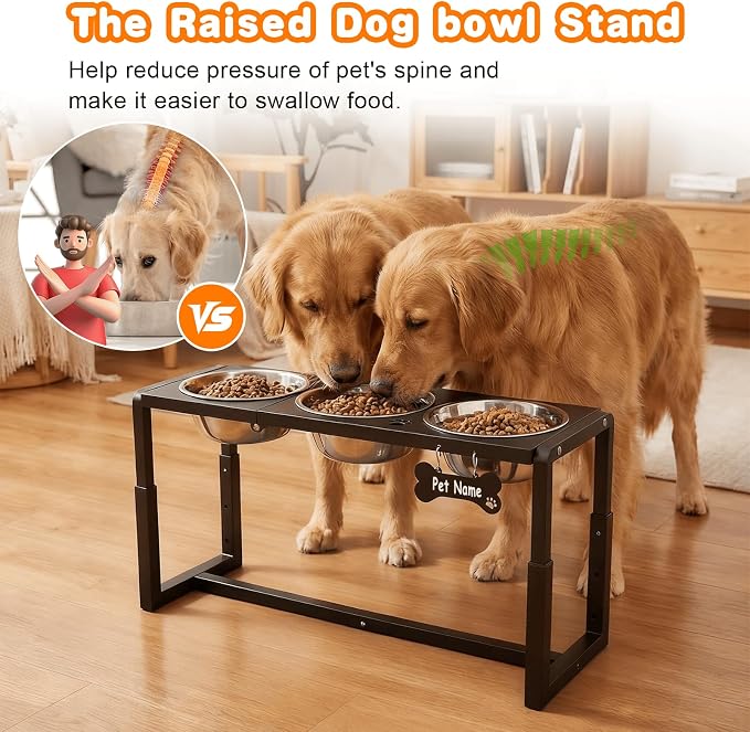 Metal Elevated Dog Bowls for Medium/Large Breed, 3 Adjustable Height(8.8''/11.5''/14'') Raised Dog Bowls Stand with Three 58oz Large Stainless Steel Dog Bowls, with The Splash pad