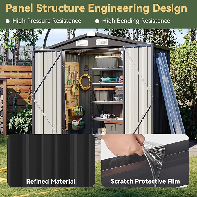 Aoxun 6'x4' Outdoor Storage Shed with Base, Black | Metal Shed with Lockable Doors & Slooping Roof Garden Tool Shed for Backyard, Patio, Poolside