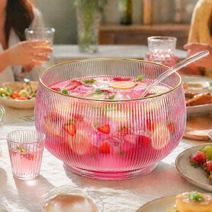 NiHome Glass Punch Bowl Set with Ladle, 2.5 Gal Gold Rim Ribbed for Parties | Borosilicate Crystal Clear, Hand Wash. Large Capacity for Wedding, Birthday, Holiday, Cocktails, Drinks, Salads, Snacks