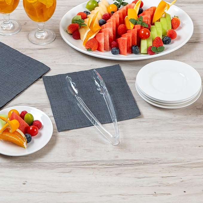 Restaurantware Clear Tongs 100 Pack Of 9” Heavy-Duty Plastic Kitchen Tongs with Long Handles and Scalloped Edges Disposable Black Serving Utensils for Catered Events, Weddings, or Buffets