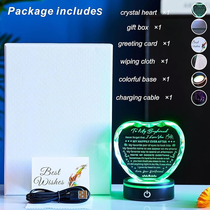 Gifts for Boyfriend with Colorful LED Base Unique Birthday Gift Ideas from Girlfriend Romantic Heart Crystal Keepsakes to My Anniversary Christmas Valentine Day
