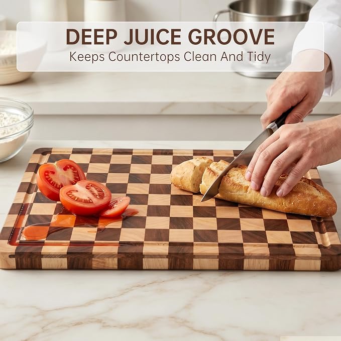 Cutting Boards for Kitchen, Checkered Wooden Chopping Board Structural Upgraded, Walnut Cutting Board with Juice Grooves & Handles, Butcher Block Serving Tray with Gift Box, 17"X 12"X 0.8"