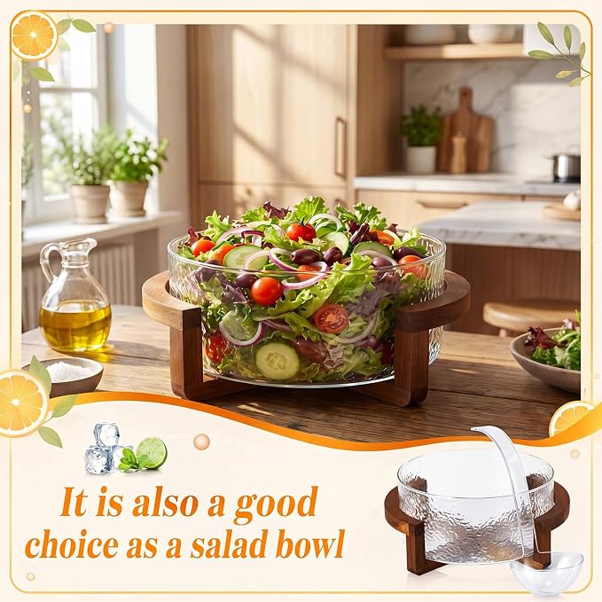 1.2 Gallon Glass Punch Bowl Set with Ladle, Hammered Glass | Acacia Wood Base, Textured Glass Finish, Elegant Centerpiece, Ideal for Holiday, Wedding, Parties & Gatherings