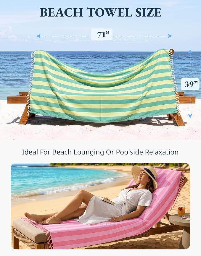 LANE LINEN Beach Towels 4 Pack, Oversized, 39"x71", Quick Dry - Color Rush | Classic Cabana Stripe - Machine Washable, Tumble Dry Low - Fast-Drying Travel Companion - Reinforced Hems, No Fraying