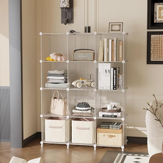 AWTATOS Cube Storage Organizer, Closet Organizers and Storage, 12 Cube Shelves Bookshelf, DIY Stackable Plastic Clothes Organizer Shelving for Bedroom, Home, Transparent Twill