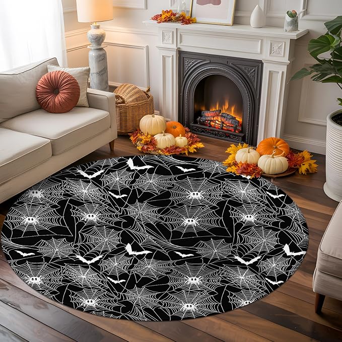 8 Ft Round Rug for Large Living Room, Halloween Indoor Accent Rugs for Apartment, Black Scary White Bat Animal Net Geometric Decorative Circle Carpet Washable Low Pile Non Slip, Rug for Bedroom/Office