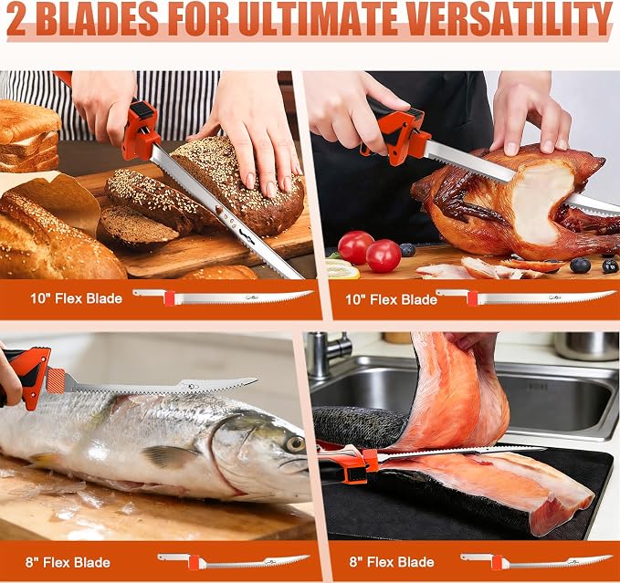 12V Cordless Electric Fillet Knife, 8" Flexible & 10" Rigid Blades, 2x 1500mAh Batteries, 1.5H Fast Charger, Safety Lock, Non-Slip Handle, Carry Case for Outdoor Fishing Filleting,Orange