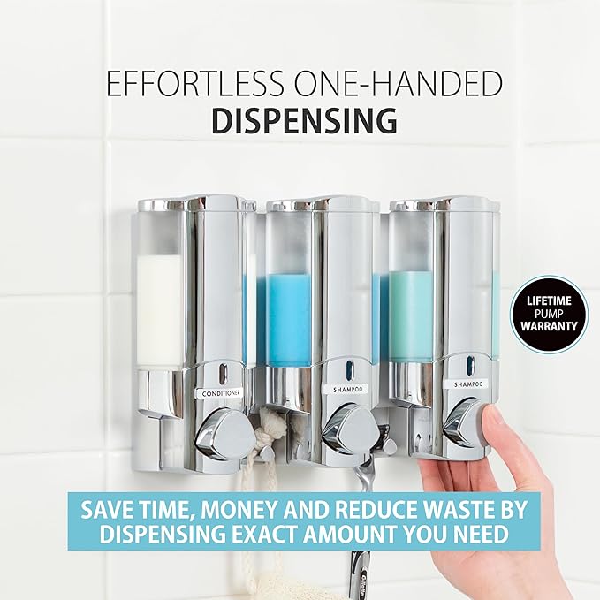 Better Living Aviva Wall Mount Shower Dispenser, 3 x 11oz, Chrome | 3 Chamber, Wall Mount Shower Soap Pump Dispenser, Built-in Hooks, No Drill, Waterproof Shampoo Soap Dispenser