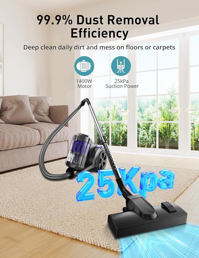 Canister Vacuum Cleaner, 1400W Bagless Vacuum Cleaner, Multi-Cyclonic 5 Stage Filtration, 2 Anti-Allergen HEPA Filters, 3.5QT Dust Cup, 4 Tools, Corded Vacuum for Hard Floor, Carpets, Pet Hair, Purple