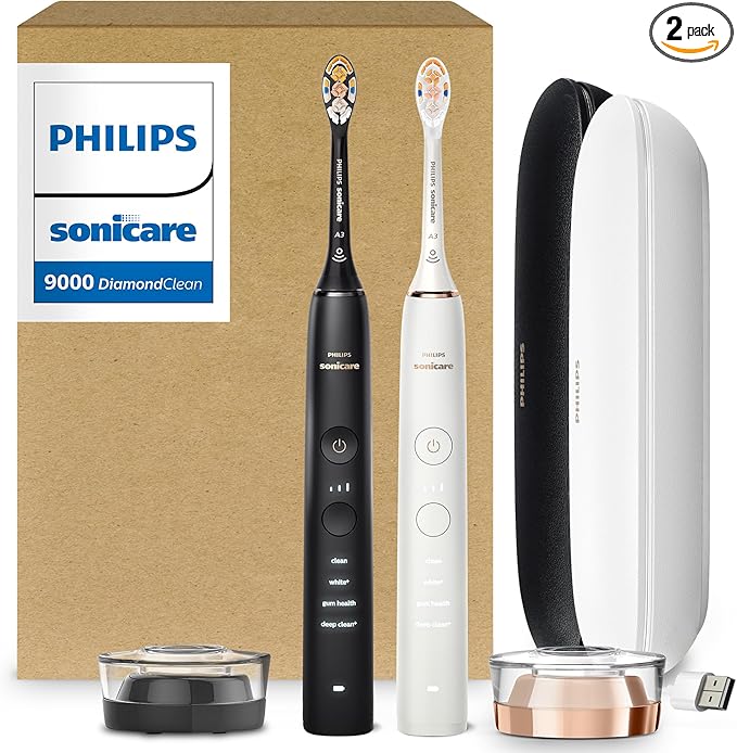 Philips Sonicare DiamondClean 9000 Electric Toothbrush - Sonic Toothbrush with App, Pressure Sensor, 12 Brushing Settings, Replacement Reminder, USB Charging Case, Black & Rose Gold, 2-Pack, HX9912/71