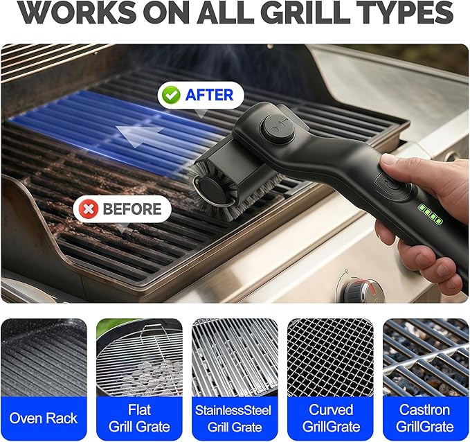 Electric Grill Brush, Cordless Rechargeable Grill Cleaner with 3-Speed Powerful Motor & 180° Adjustable 304 Stainless Steel Non-Shedding Brush Head, Automatic Cleaning for Outdoor Gas Grill & Grates