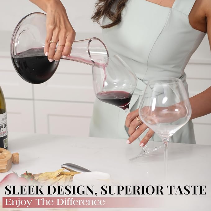 Gusto Nostro Crystal Wine Decanter with Marble Stopper - Premium Hand-Blown Lead-Free Glass Wine Decanter for Red Wines - 750ml Carafe for Wines with Natural Stone Round Stopper - Sleek Slanted Design