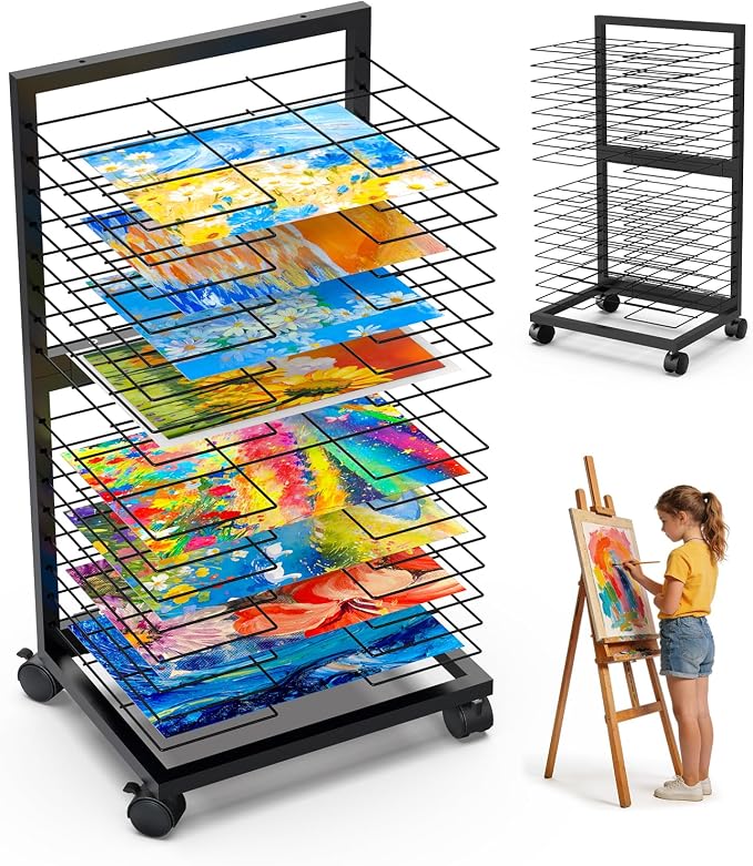 Art Drying Rack 0.138" Thickened Paint Drying Rack Concave Painting Racks with 4 Casters, 3lbs Load Capacity Wire Paint Drying Stand for Classroom Art Studios, Schools, Preschool