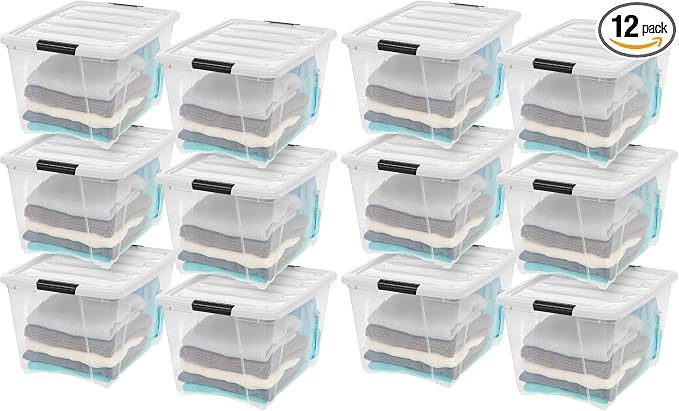 IRIS USA 12-Pack 54 Quart Stackable Storage Bins with Lids [Made in USA] - Everyday Organizer Latching Clear Plastic Organization Containers Closet Bedroom Shelving Units Home Storage - Clear/White