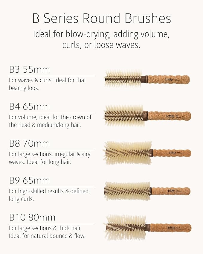 Ibiza Hair Boar Bristle Round Brush (B10-80mm) | Ideal for Setting Hair with Movement, Bounce & Easy Styling Control | Blonde Boar Bristles for Fine, Ethnic & Color-Treated Hair